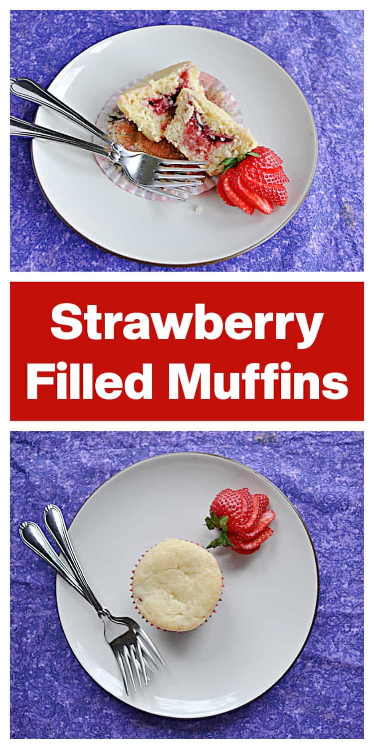 Pin Image:  A plate with a muffin sliced in half with strawberry jam showing in the middle, a sliced strawberry, and two forks, text title, a plate with a muffin and a strawberry on it. 