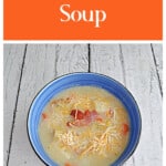 Pin Image: Text title, a bowl of potato soup.