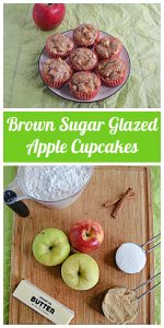 Pin Image: A plate with 7 apple cupcakes topped with brown sugar on it and an apple behind the plate, text, a cutting board with apples, a stick of butter, cinnamon sticks, a cup of flour, sugar, and brown sugar on it.