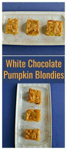 Pin Image: A white platter sitting horozontally on a blue background with 3 blondies on the platter, text overlay, a white platter with 3 blondies on it on a blue background.