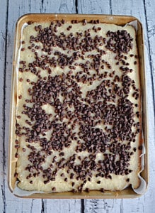 A pan of sugar cookie bars with chocolate chip son top.