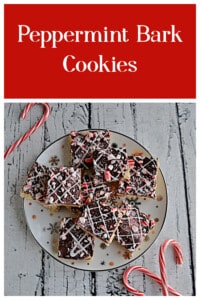 Pin Image: Text title, a plate of peppermint bark cookies with candy canes around the plate.