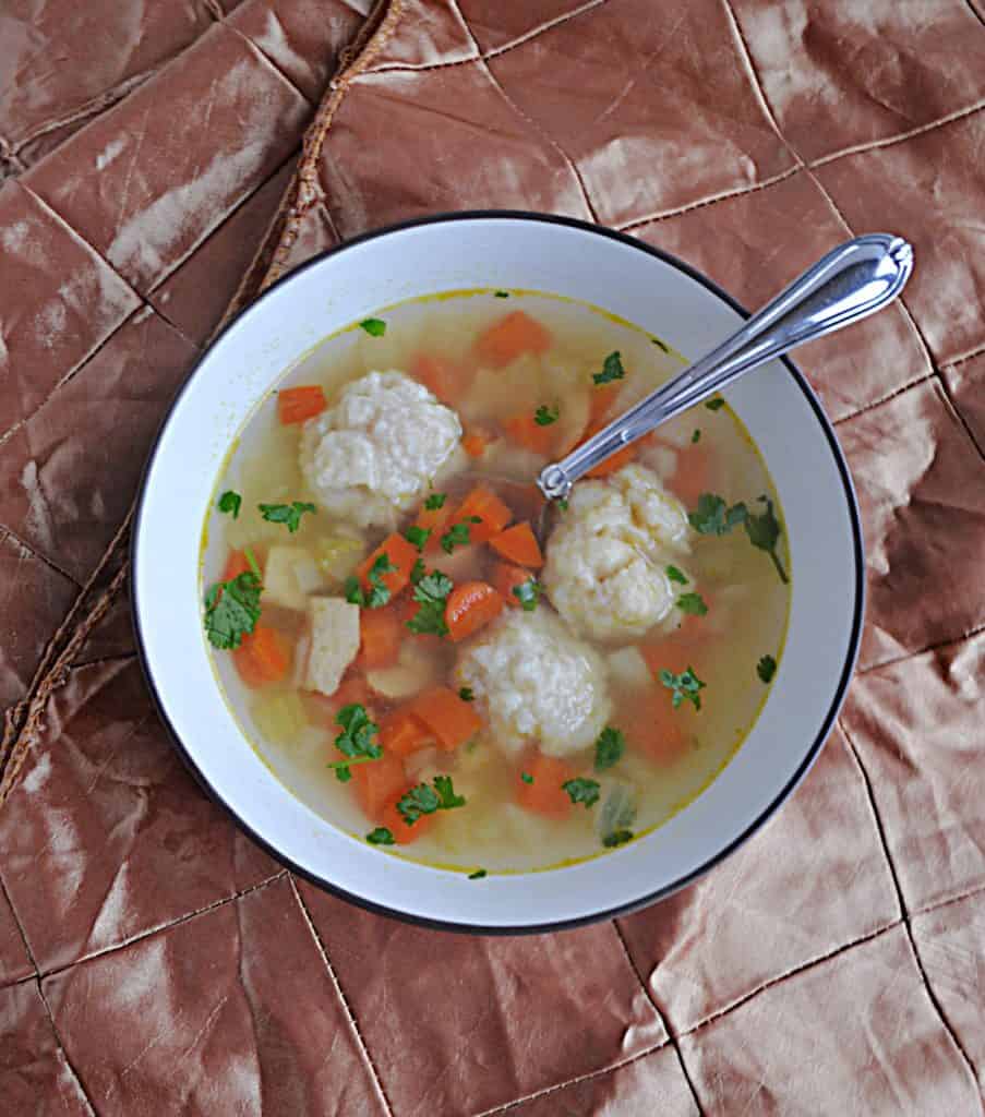 A bowl of Chicken and DUmpling Soup with three big dumplings, carrots, and celery, with a spoon in it.