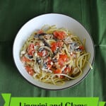 A bowl of linguini and clams with the title underneath the bowl.