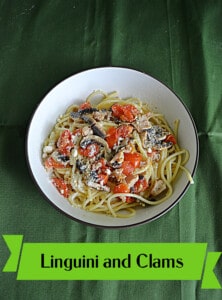 A bowl of linguini and clams with the title underneath the bowl.