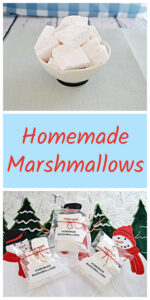 Pin Image: A bowl of homemade square marshmallows, text, three packages of homemade marshmallows.