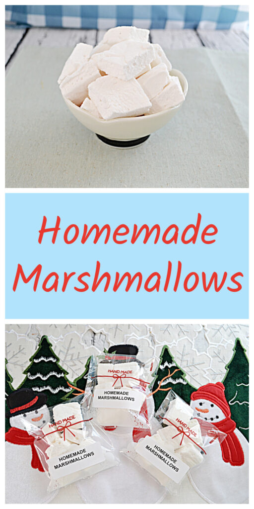 Pin Image:   A bowl of homemade square marshmallows, text, three packages of homemade marshmallows.