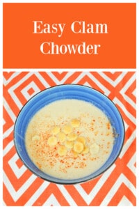 Pin Image: Text title, a bowl of Clam Chowder with oyster crackers on top.