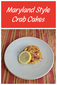 Pin Image: Text, a plate with a crab cake on it and a lemon slice.
