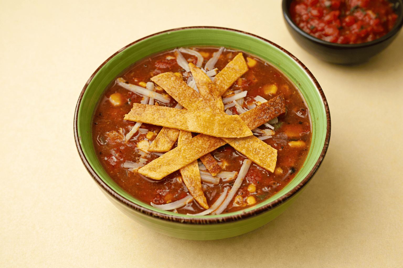 Side view of a bowl of soup with tortilla strips on top and a bowl of salsa behind it.