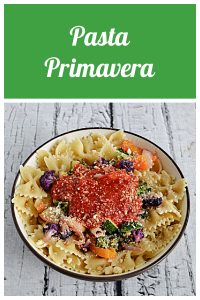 Pin Image: Text, A bowl of bow tie pasta covered in sauteed vegetables and topped with a scoop of marinara sauce.