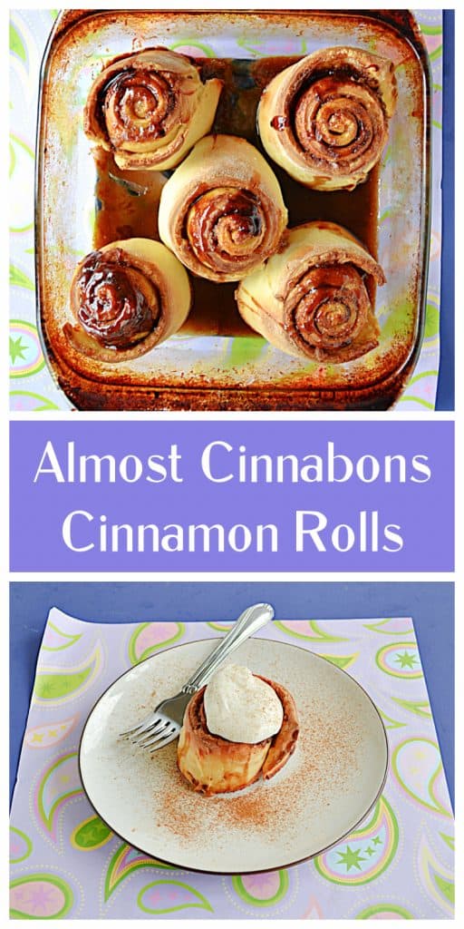 Pin image: A baking dish with 5 golden brown cinnamon rolls in it, text, A plate with a cinnamon roll topped with frosting and two forks on the plate. 