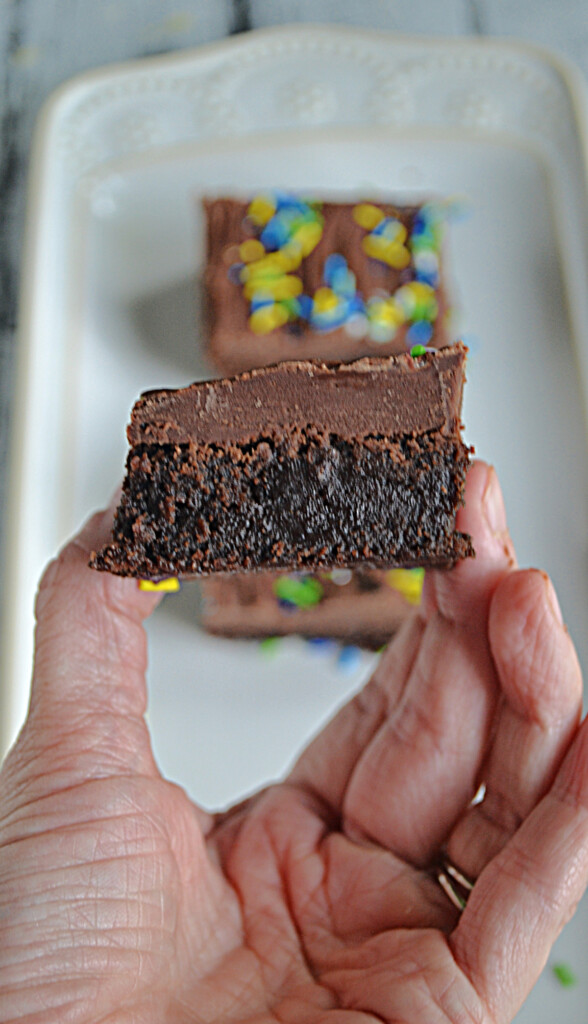 A close up of a hand holding a brownie with chocolate ganache on top. 