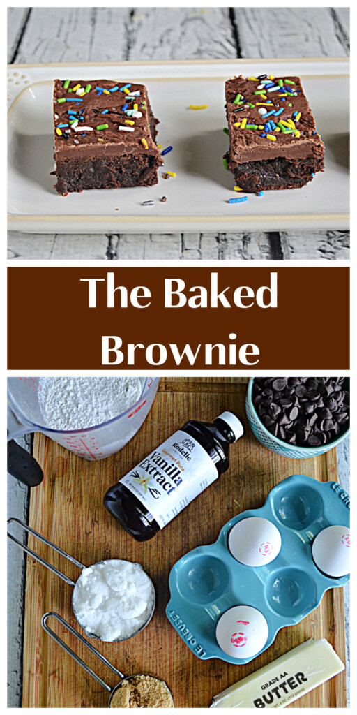 Pin Image:   A white platter with two brownies on it, text title, a cutting board with a cup of flour, a bowl of chocolate chips, a bottle of vanilla, a cup of sugar, a cup of brown sugar, 3 eggs, and a stick of butter on it. 