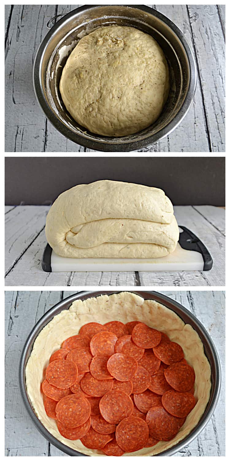 Pin collage:  A bowl of pizza dough, The pizza dough folded into thirds, the deep dish pizza crust with pepperoni on the bottom.