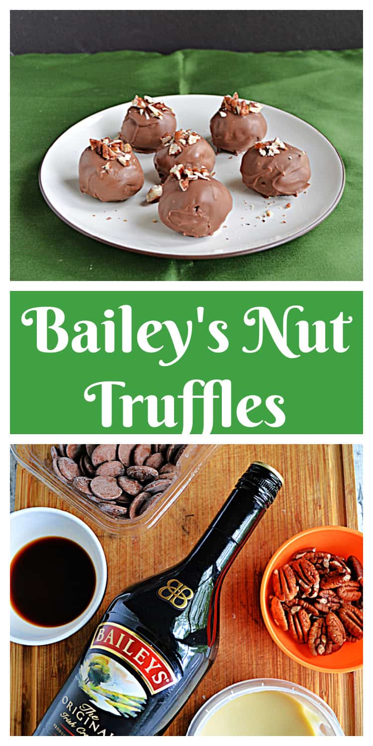 Pin Image:   A plate of Bailey's truffles, text title, a cutting board with ingredients on it. 