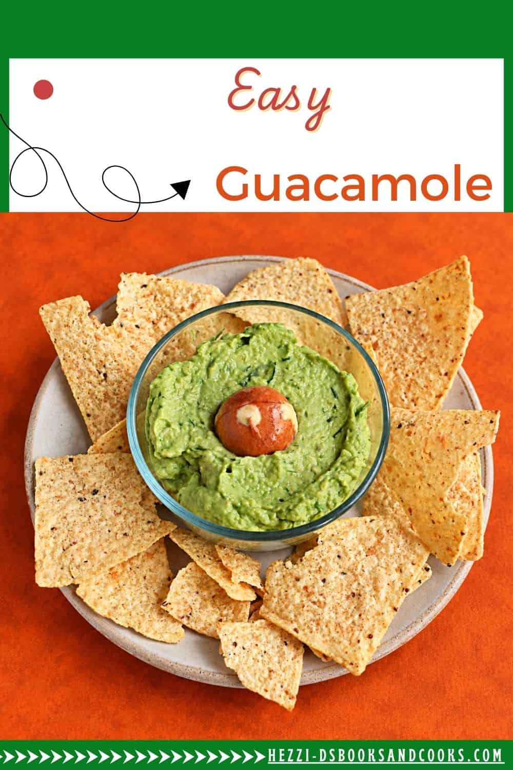 Pin Image: Title, a plate of tortilla chips with a bowl of guacamole in the middle.