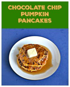 Pin Image: Green and orange text, A white plate topped with a stack of three orange colored pumpkin pancakes studded with chocolate chips with a large pat of butter in the center and covered in syrup on a blue background.