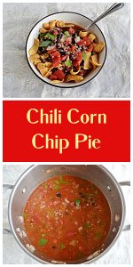 Pin Image: A bowl of corn chips and chili with a spoon in it, text, a pot filled with chili.