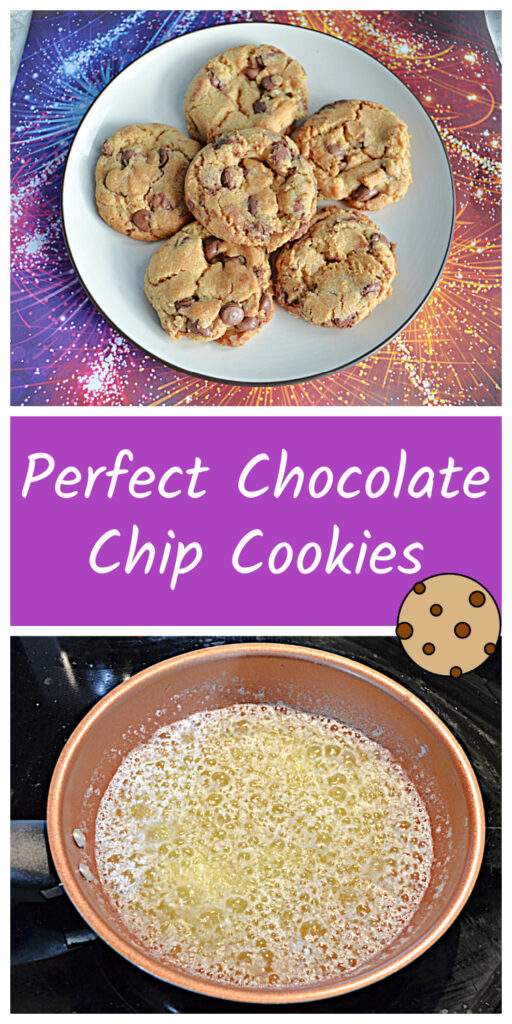 Pin Image:  A plate stacked with chocolate chip cookies, text, a skillet of browning butter.