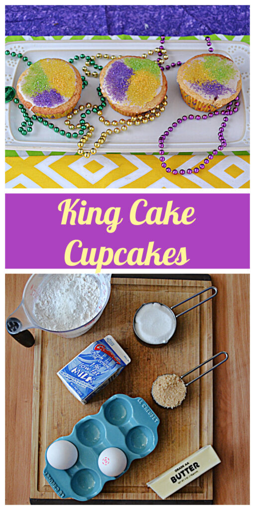 Pin Image: A white platter with 3 cupcakes on it topped with yellow, purple, and green sprinkles and Mardi Gras beads on the platter, text, a cutting board with a cup of flour, a carton of milk, a cup of sugar, a cup of brown sugar, 2 eggs, and a stick of butter on it. 