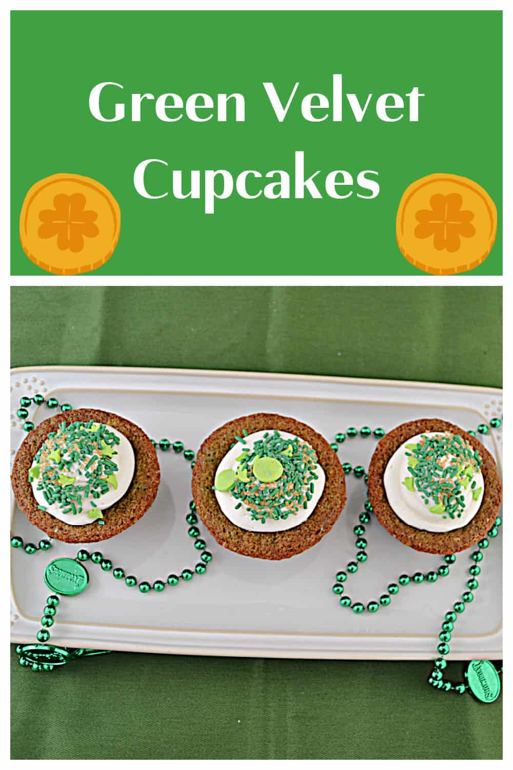 Pin Image:   Text title, a platter of three green velvet cupcakes.