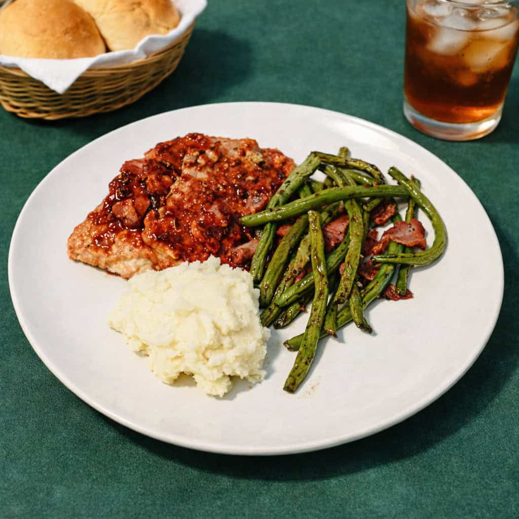A plate with pork chops, potatoes, and green beans with a bread basket and glass of iced tea behind it.