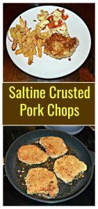 Pin Image: A dinner plate with a handful of french fries on the top, a golden brown pork chop to the left, and a mixture of cauliflower and red peppers to the right, text overlay, a skillet with four golden brown pork chops in the pan.