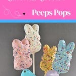 Pin Image: Title, chocolate covered peeps in pastel colors.
