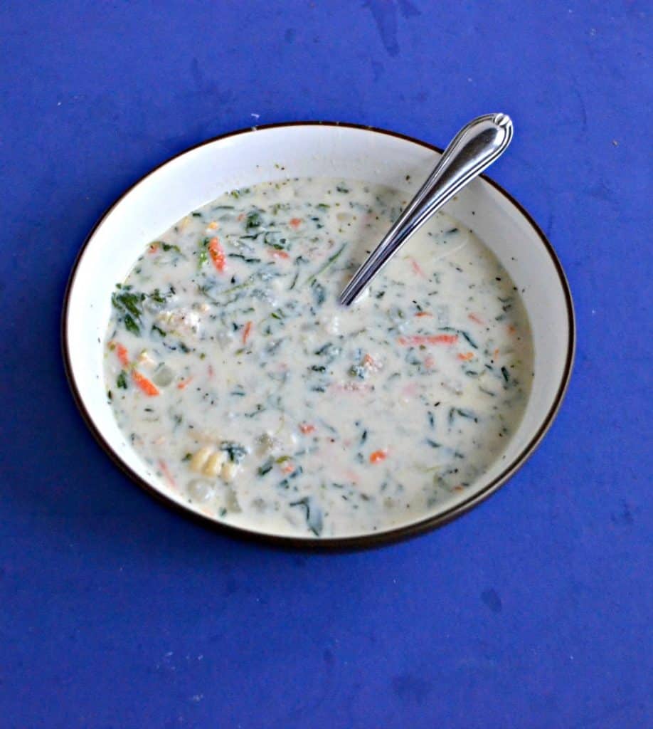 A bowl of creamy soup dotted with carrots, spinach, and gnocchi.