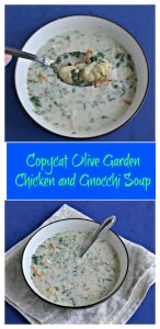 Pin Image: A bowl of white, creamy soup with a spoonful in front that has bits of carrots, spinach, and potato gnocchi on it on a blue background, text overlay, A bowl of creamy white soup dotted with carrots, spinach, and gnocchi with a spoon in it on a white napkin with a blue background.