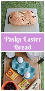 Pin Image: A loaf of Paska bread on a cutting board, text title, a cutting board with ingredients on it.