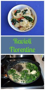 Pin Image: A close up view of a bowl of ravioli topped with spinach and bacon, text, a skillet filled with spinach cooking in garlic butter.