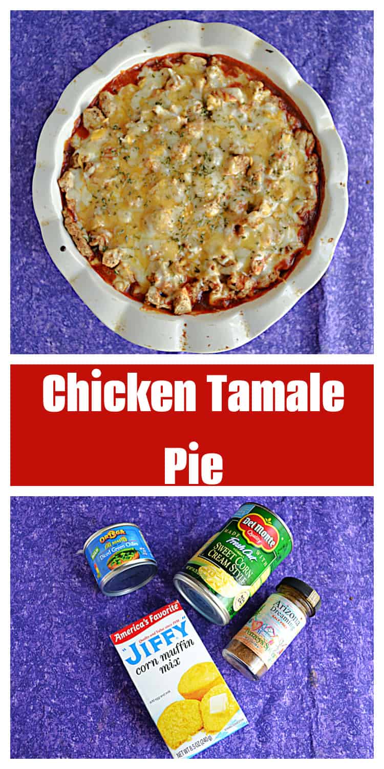 Pin Image:   A pie pan filled with chicken, sauce, and cheese, text title, ingredients for the pie.