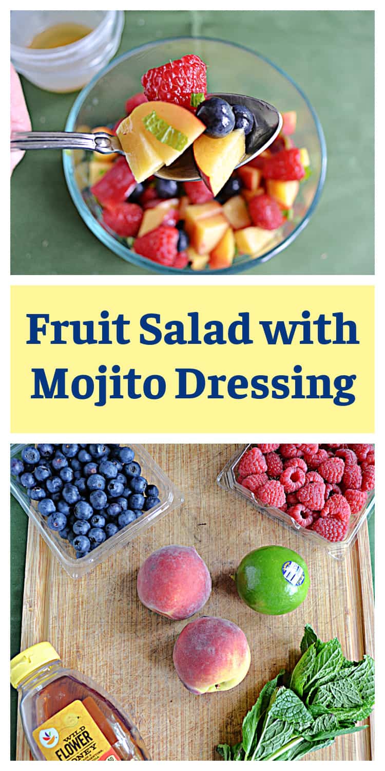 Pin Image:  A bowl of fruit with a spoon holding fruit salad, text title, A board with fruit on it. 