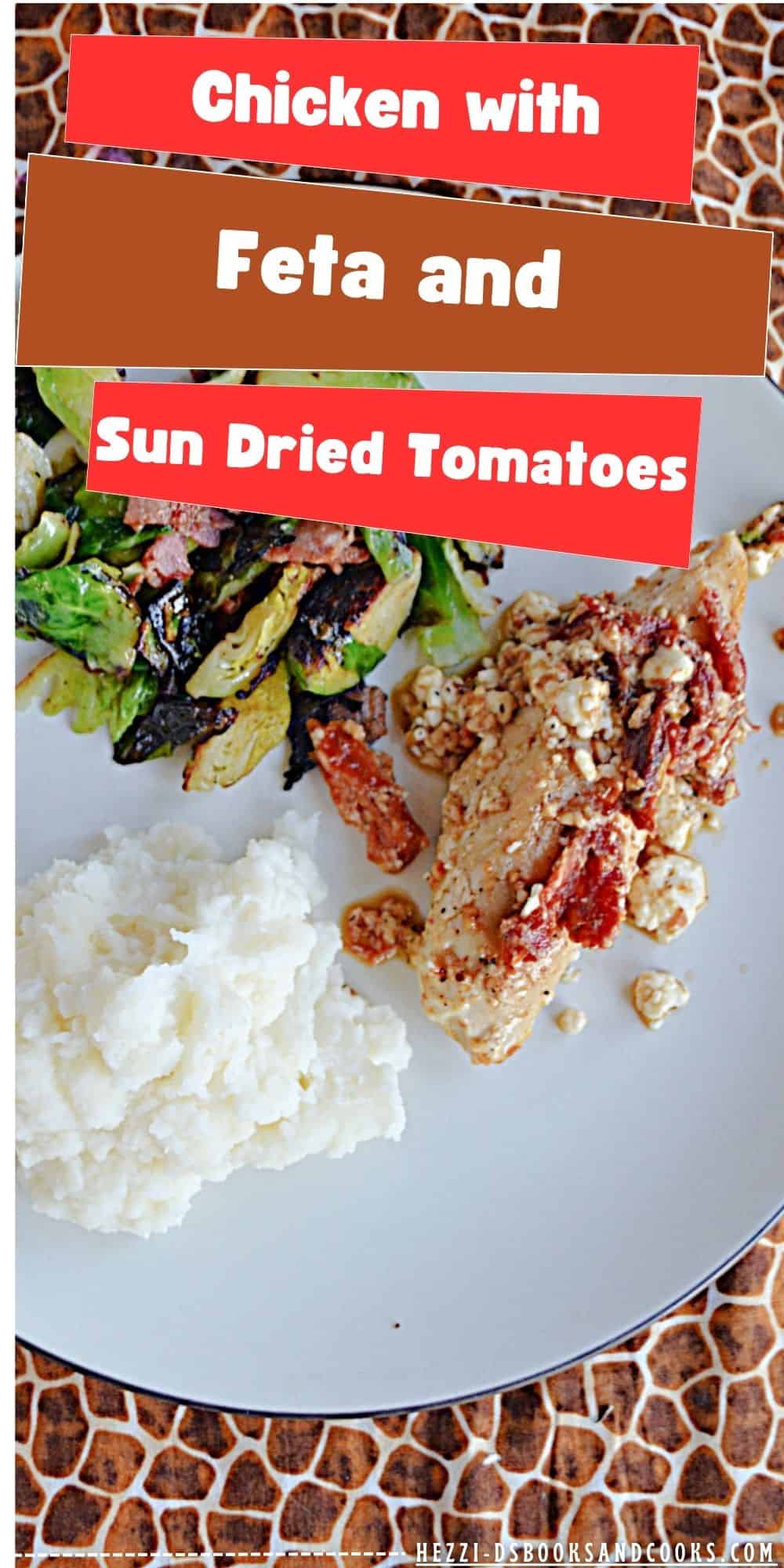 Pin Image: Title, a close up of feta and tomato chicken.