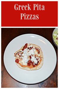 Pin Image: Text, A plate with a pita pizza topped with tomatoes, cheese, and Tzatziki on it.