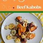 Pin Image: Title, a plate with a scoop of rice, grilled vegetables, and beef on it.