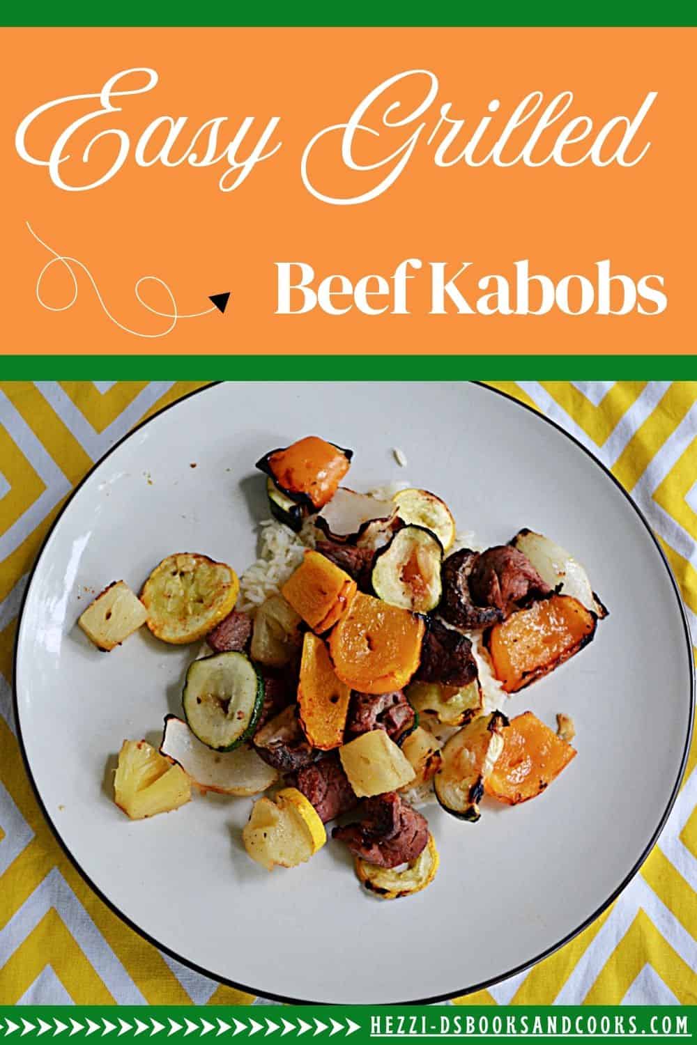 Pin Image: Title, a plate with a scoop of rice, grilled vegetables, and beef on it.