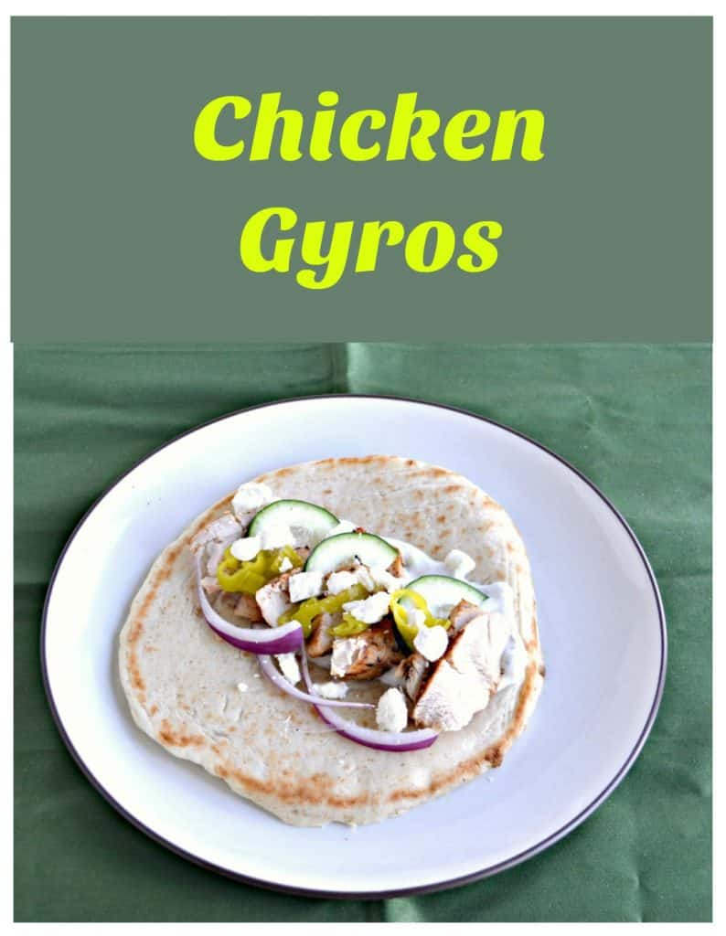Pin Image: A pita topped with griled chicken, red onions, cucumbers, and feta cheese with text overlay.