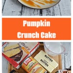 Pin Image: A plate with a slice of pumpkin cake with a caramel drizzle and two forks, text title, ingredients for the cake.