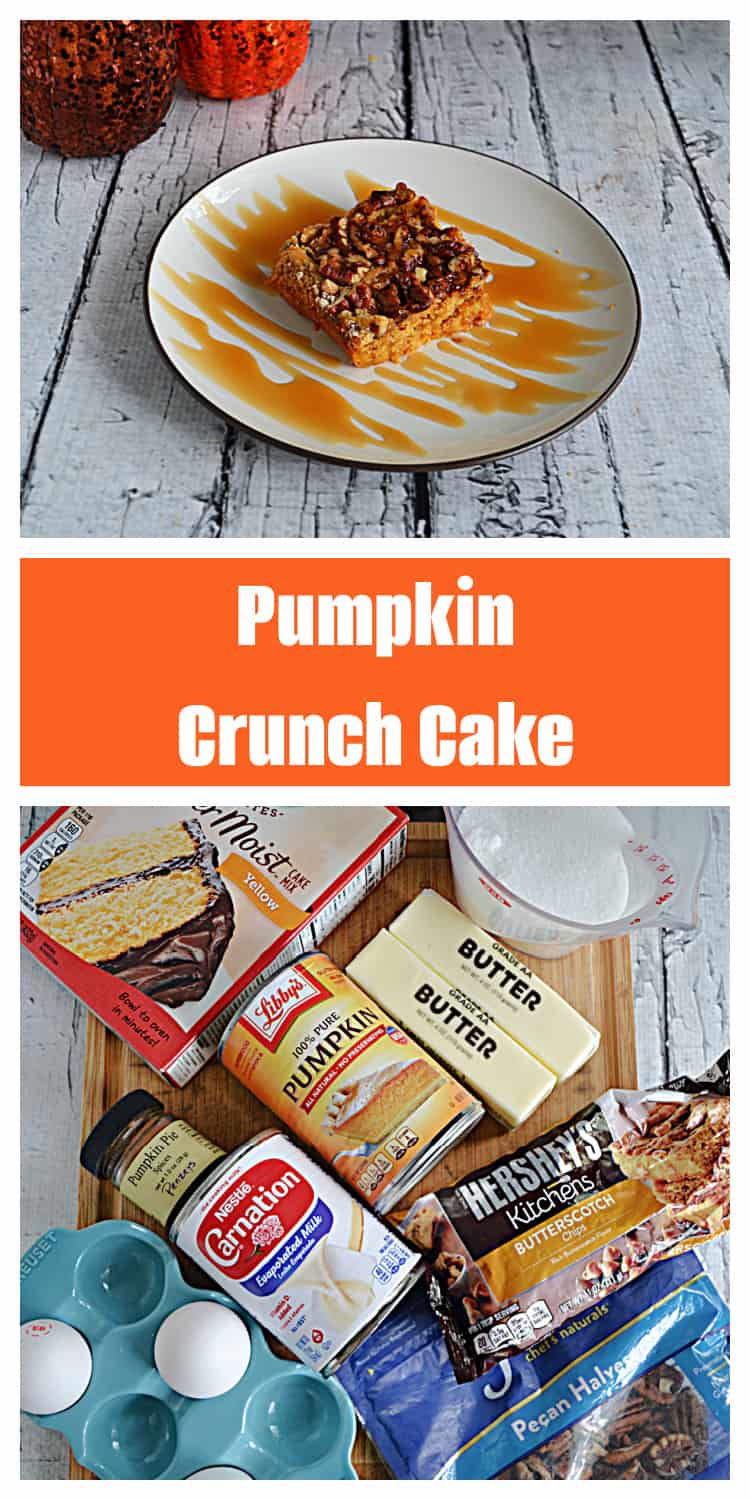 Pin Image:  A plate with a slice of pumpkin cake with a caramel drizzle and two forks, text title, ingredients for the cake. 