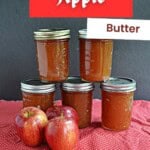 Pin Image: Title, stacks of apple butter jars with apples in front of them.