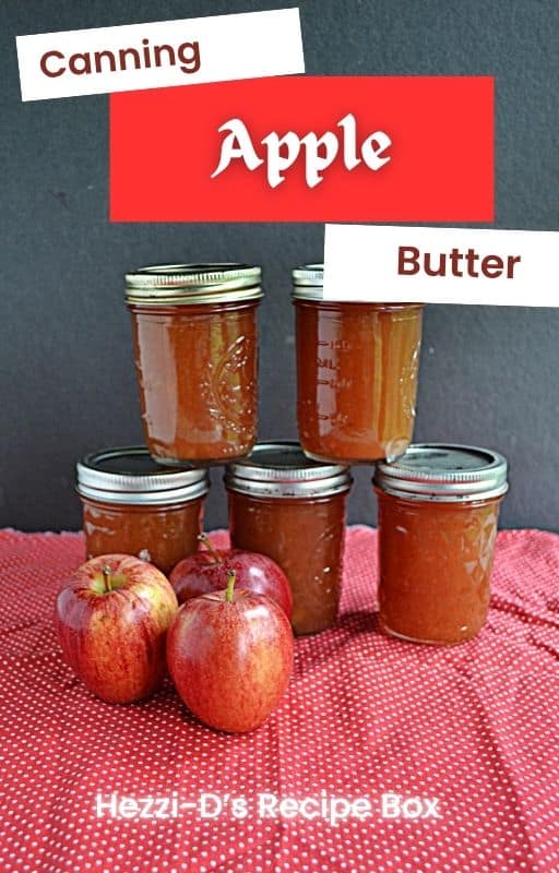 Pin Image: Title, stacks of apple butter jars with apples in front of them.