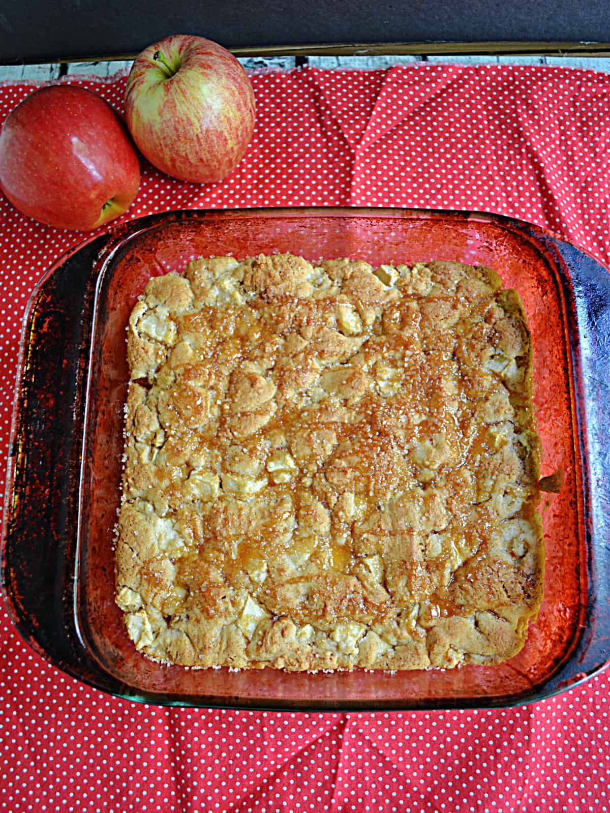 A baking dish with apple bars in it.