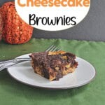 Pin Image: Title, a plate with a pumpkin brownie and a fork on it.