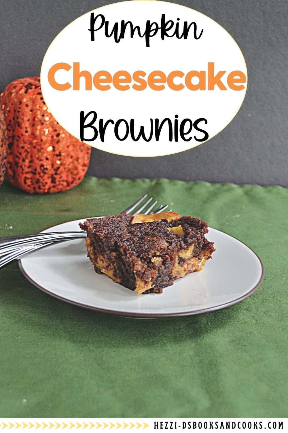 Pin Image: Title, a plate with a pumpkin brownie and a fork on it.