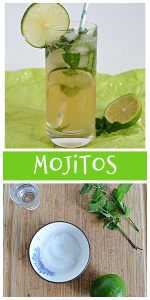 Pin Image; A tall glass with a mojito in it with lime slices and mint leaves floating in it and a straw sstuck in the glass and a half lime beside the glass, text, a cutting board with mint leaves, a lime, a shot glass of rum, and a bowl of sugar.