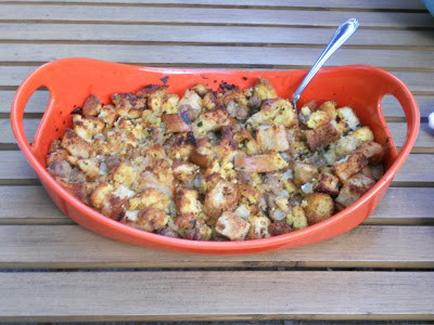Stuffing made with cornbread, sausage, sage, and vegetables.
