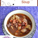 Pin Image: Title, a bowl of Beef Burgundy Soup, Badge.